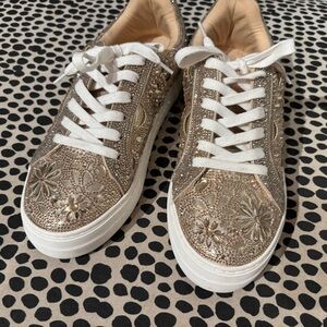 Betsey Johnson Gold Embellished Platform Sneakers, size 9.5